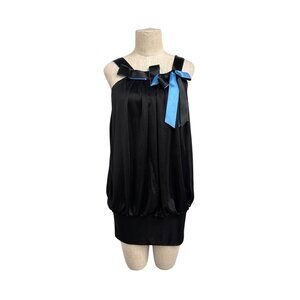 Vintage Black Satin Roberta Dress Blue Accent Bow Sleeveless Bubble Hem Pleats L